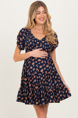 Navy Floral Smocked V-Neck Maternity Midi Dress