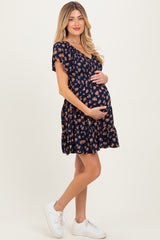 Navy Floral Smocked V-Neck Maternity Midi Dress