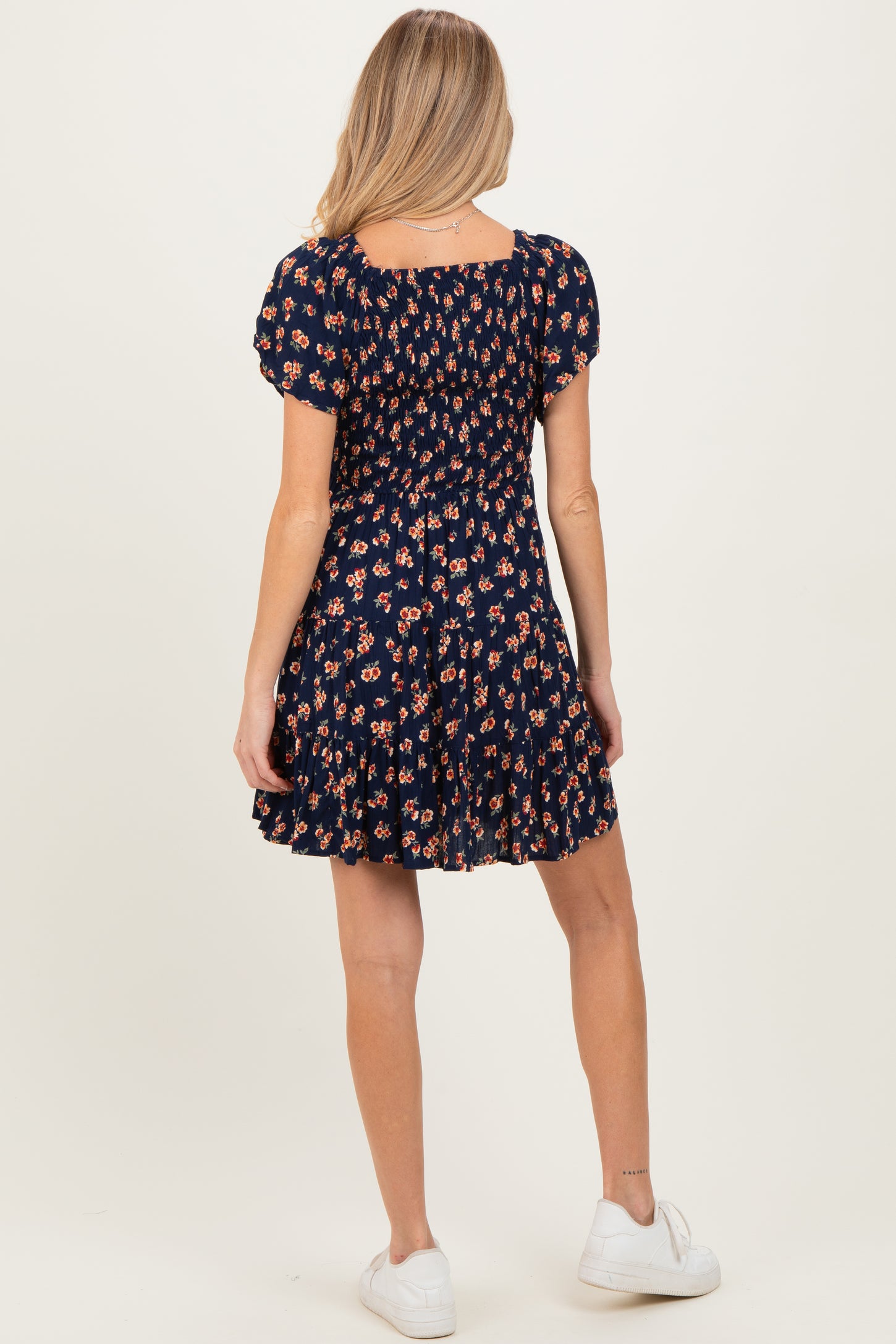 Navy Floral Smocked V-Neck Maternity Midi Dress