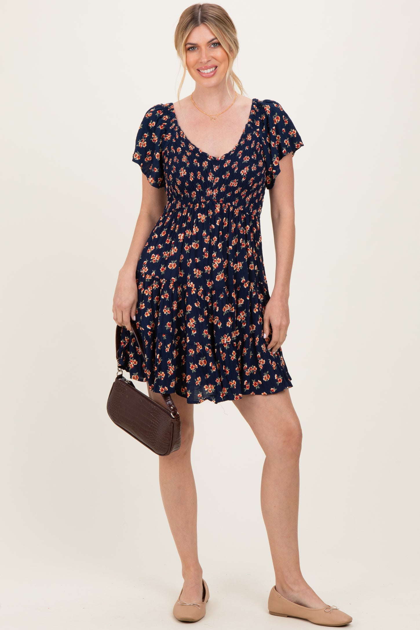 Navy Floral Smocked V-Neck Maternity Midi Dress
