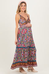 Teal Floral Twist Front Cutout Maternity Maxi Dress