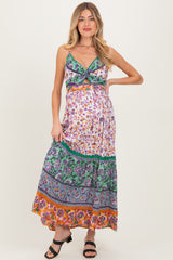 Multicolor Colorblock Floral Twist Front Cutout Maternity Maxi Dress