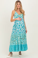 Aqua Multi Floral Print Twist Front Cutout Maternity Maxi Dress