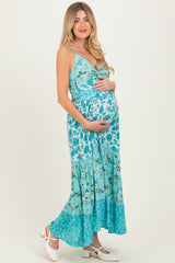 Aqua Multi Floral Print Twist Front Cutout Maternity Maxi Dress