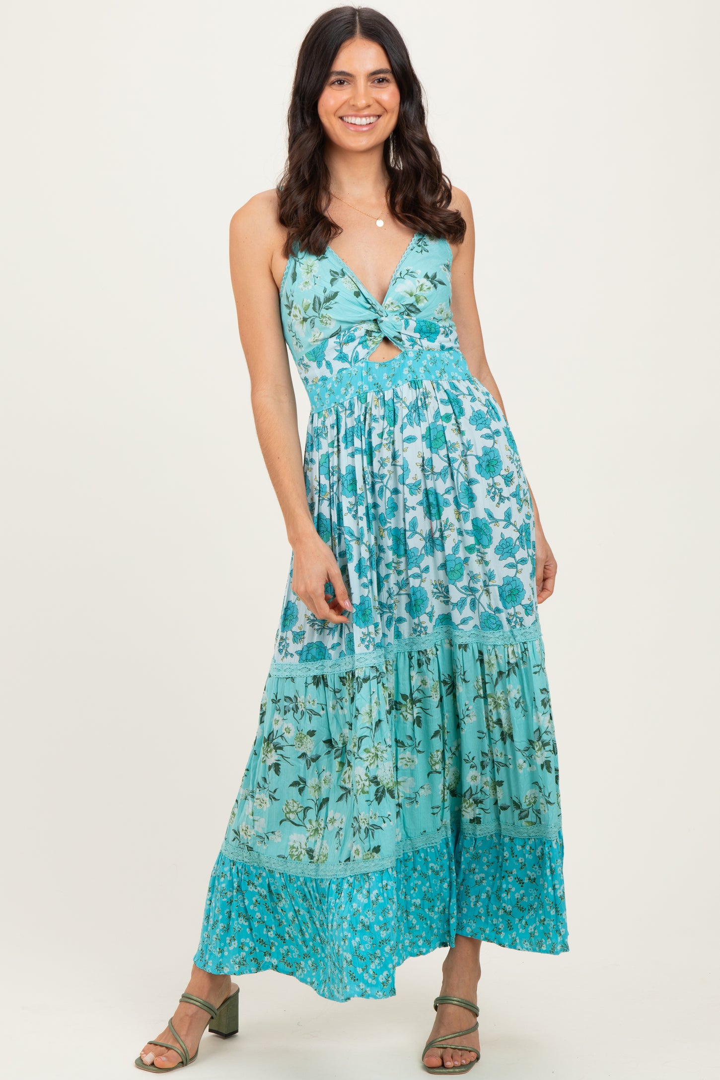 aqua floral print maxi dress Aqua Multi Floral Print Twist Front Cutout Maxi Dress – PinkBlush