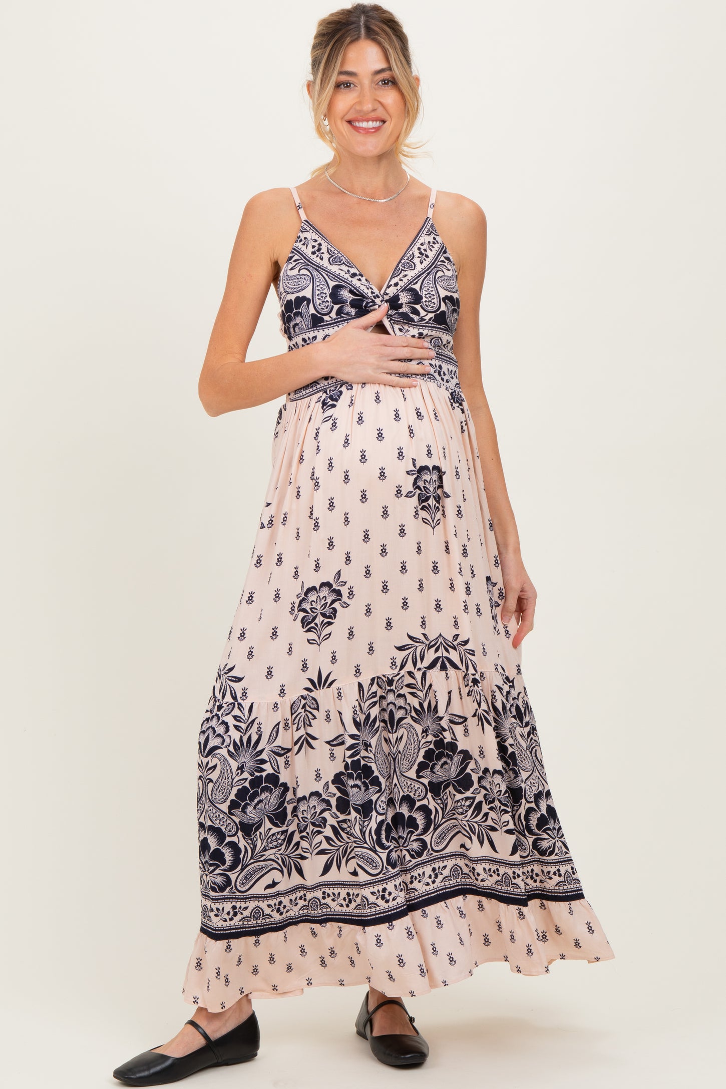 Cream Floral Border Twist Front Cutout Maternity Maxi Dress