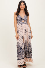 Cream Floral Border Twist Front Cutout Maxi Dress