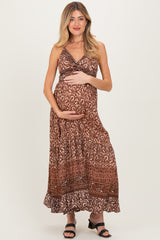 Rust Printed Twisted Front Maternity Maxi Dress