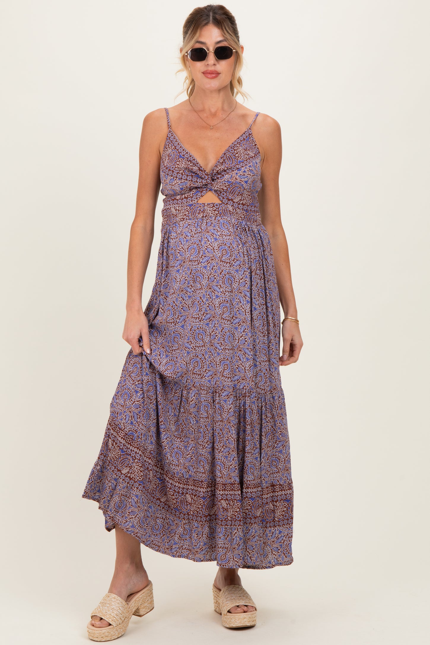 Charcoal Printed Twisted Front Maternity Maxi Dress