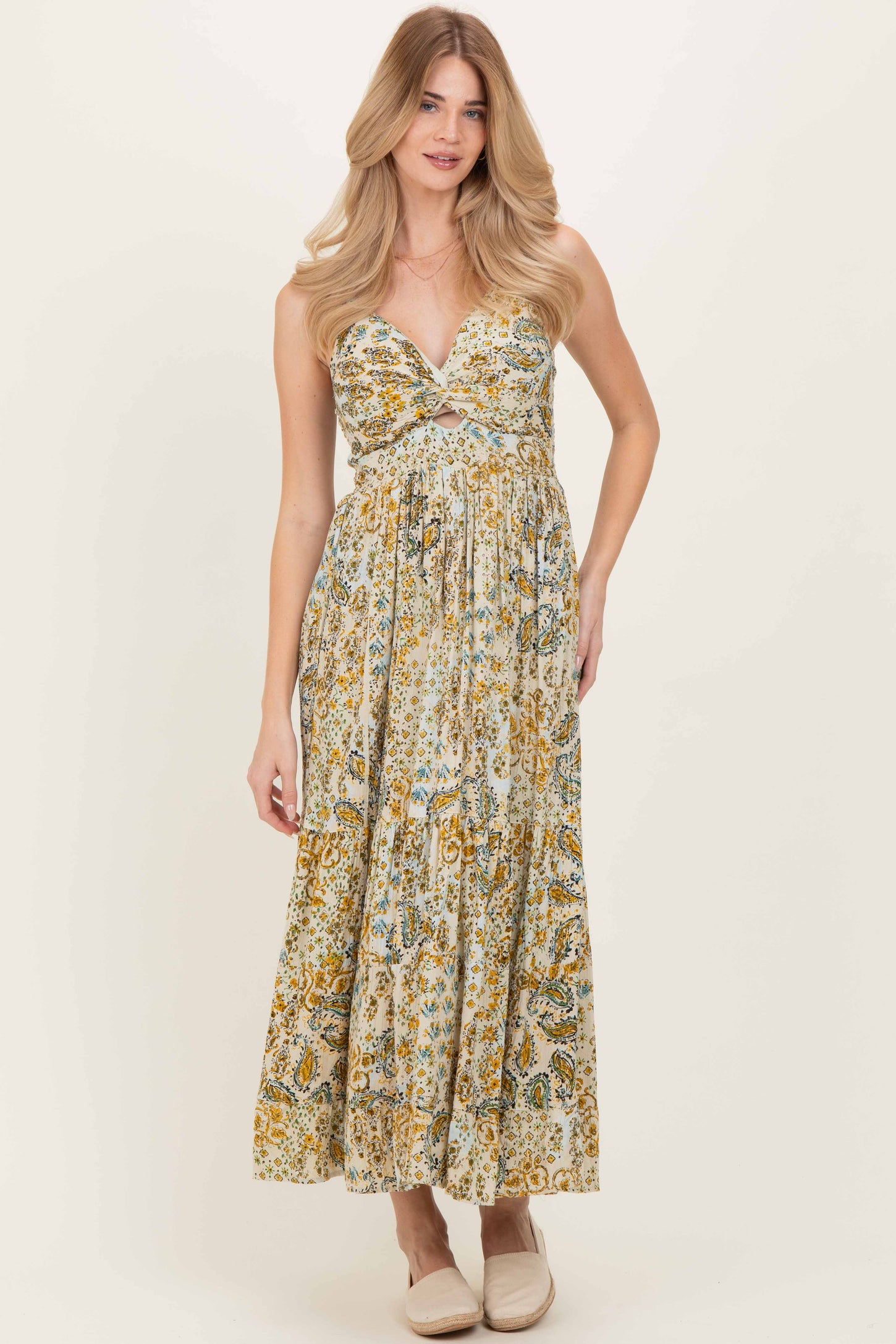 Beige Paisley Floral Twisted Front Maternity Maxi Dress Beige Paisley Floral Twisted Front Maternity Maxi Dress