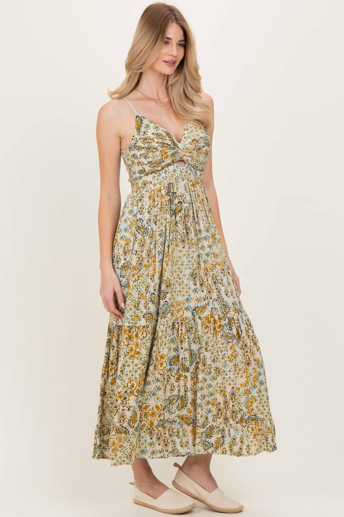 Beige Paisley Floral Twisted Front Maxi Dress