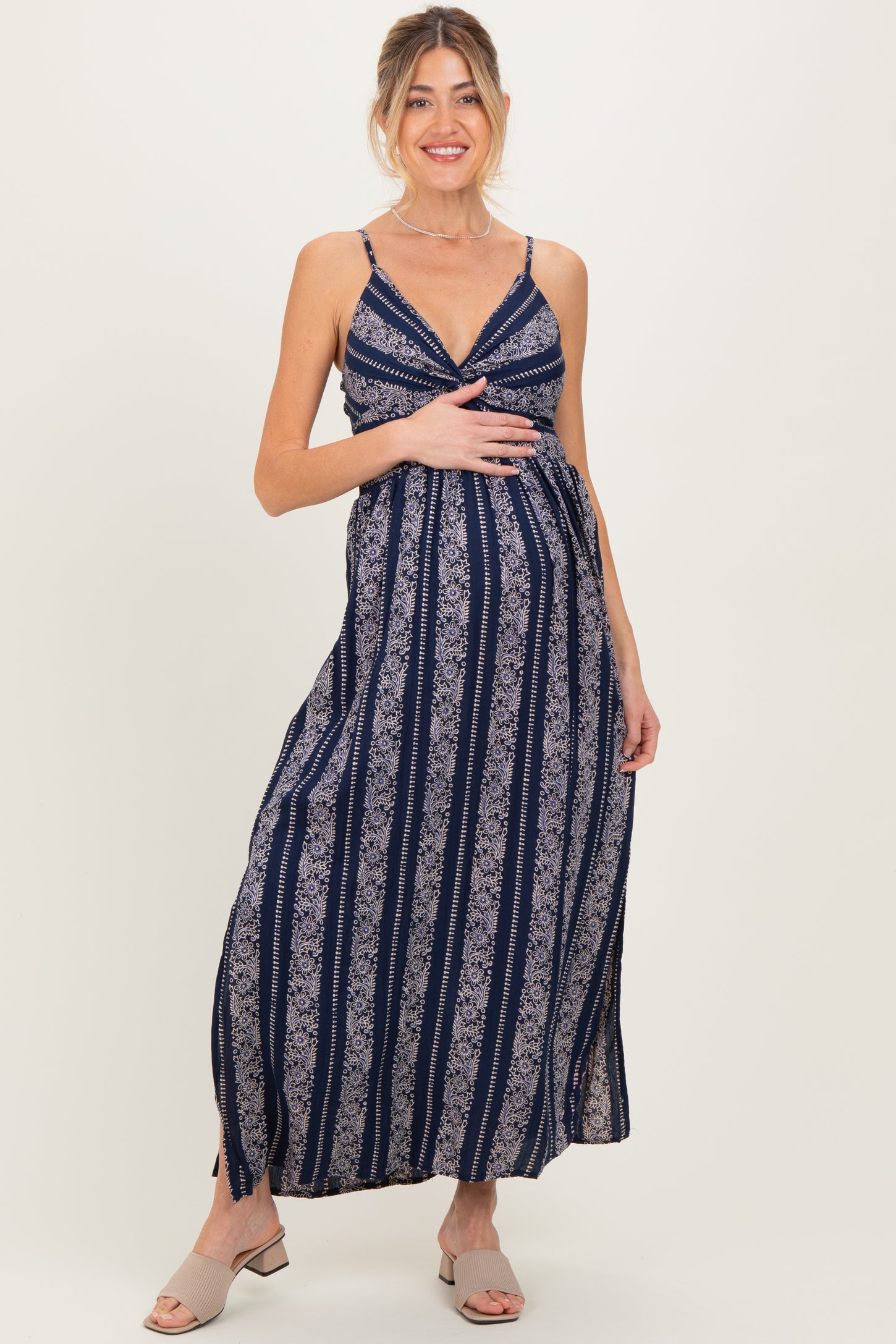 Navy Floral Stripe Twisted Front Maternity Maxi Dress