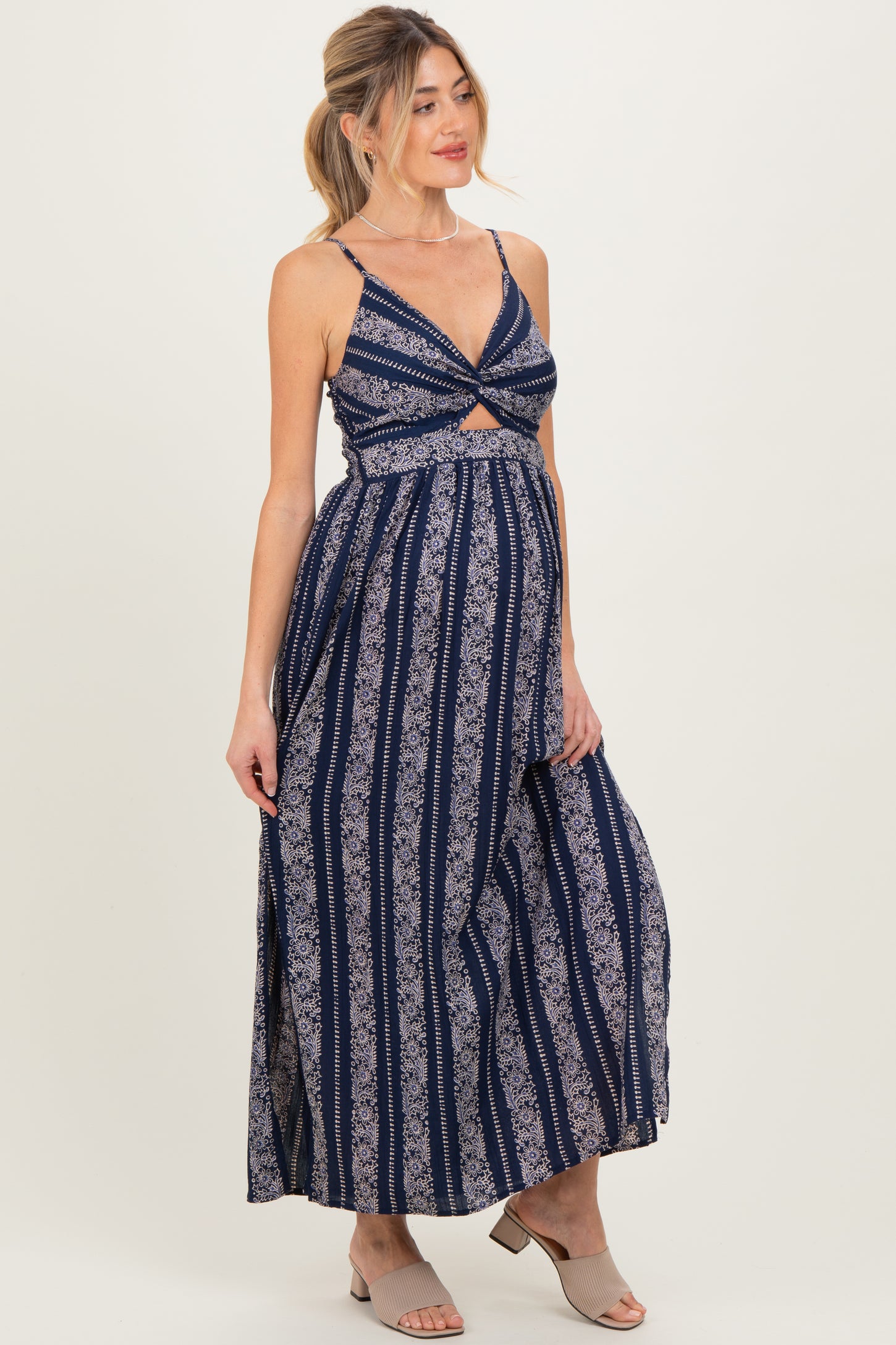 Navy Floral Stripe Twisted Front Maternity Maxi Dress
