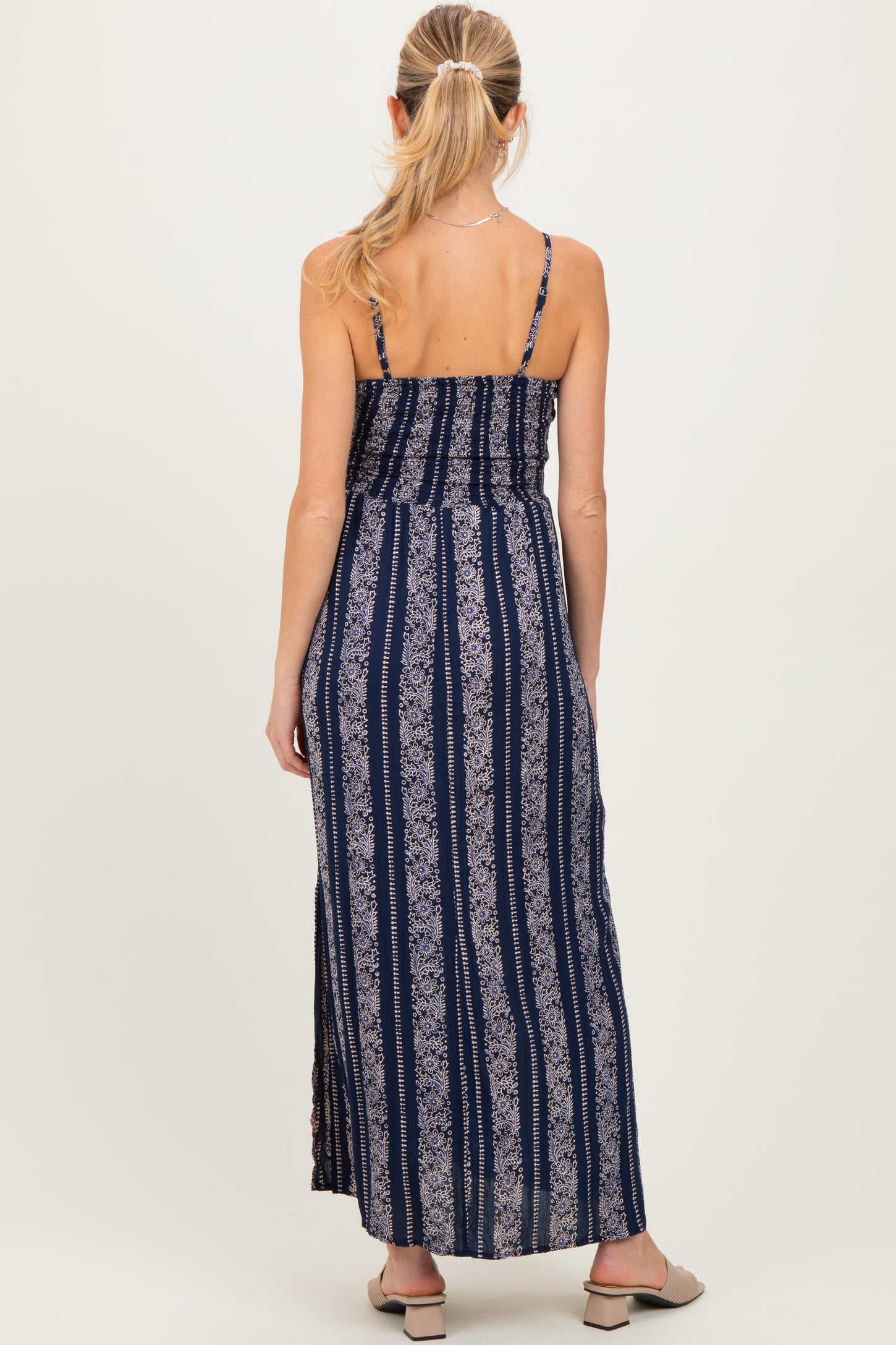 Navy Floral Stripe Twisted Front Maternity Maxi Dress