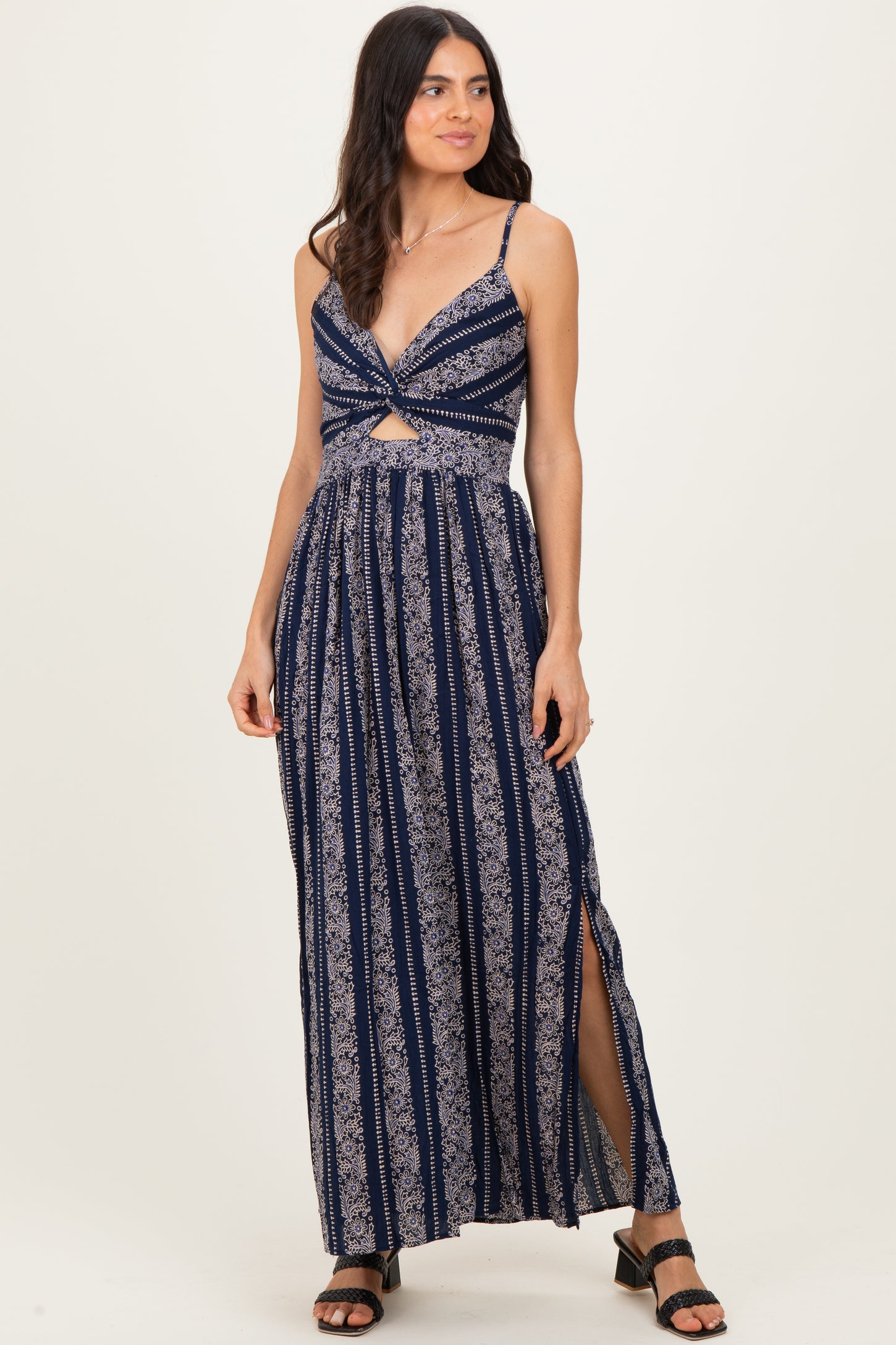 fitted lace wedding dress White Floral Stripe Trim Maxi Dress | 100% Cotton main image 1