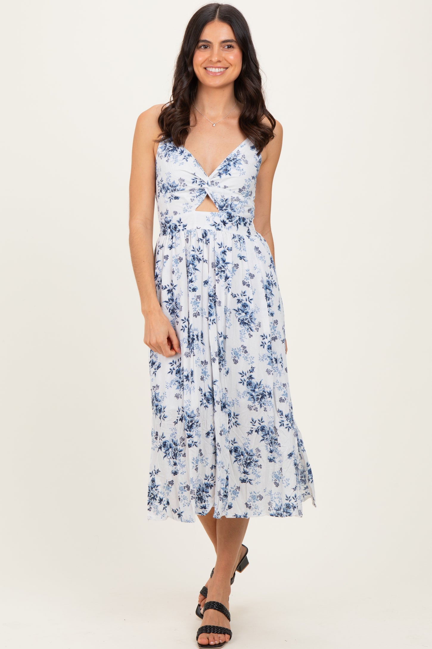 White Blue Floral Twisted Front Maternity Midi Dress White Blue Floral Twisted Front Maternity Midi Dress