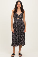 Black Floral Twisted Front Midi Dress
