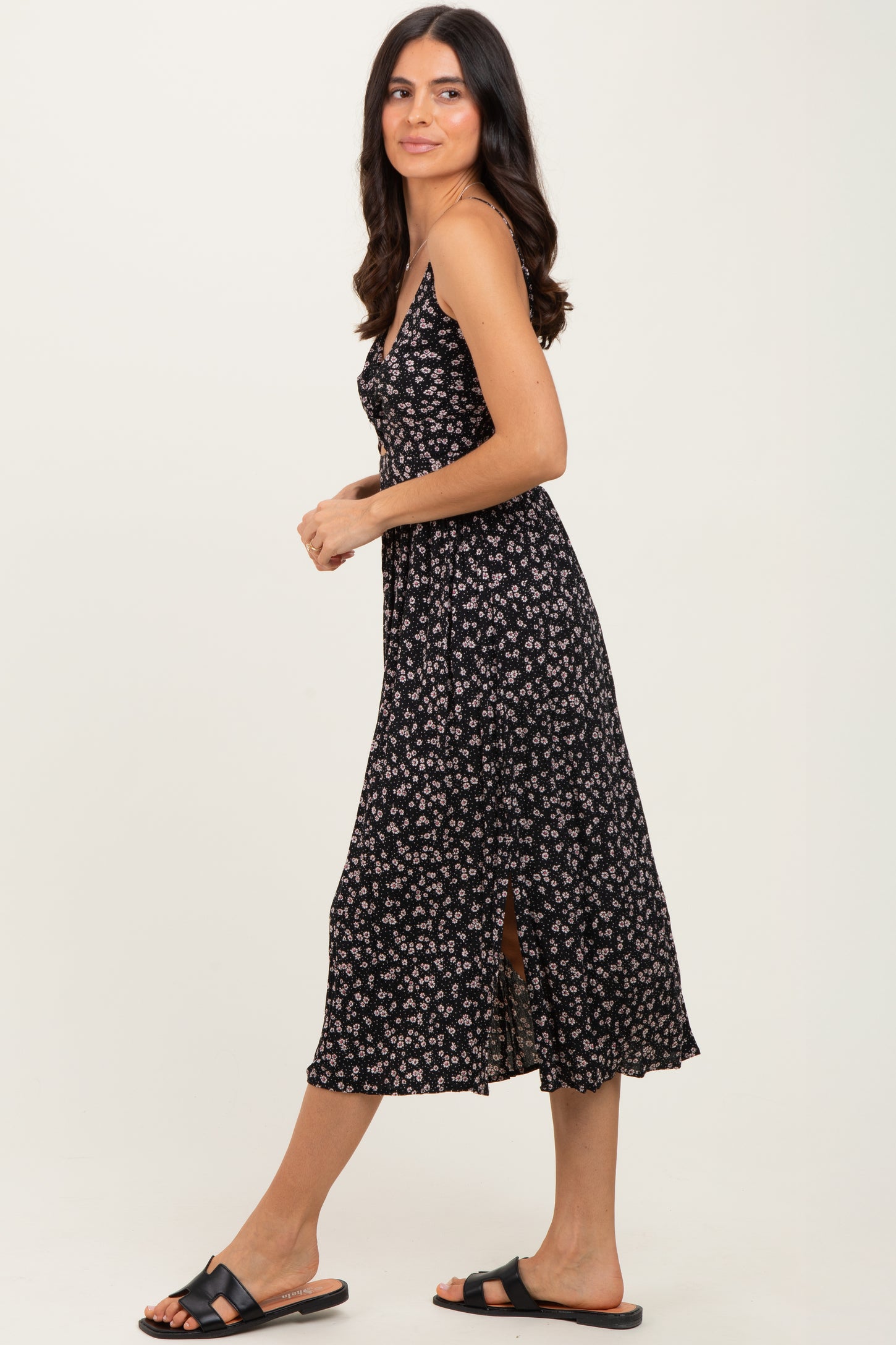 Black Floral Twisted Front Midi Dress