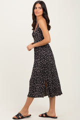 Black Floral Twisted Front Midi Dress