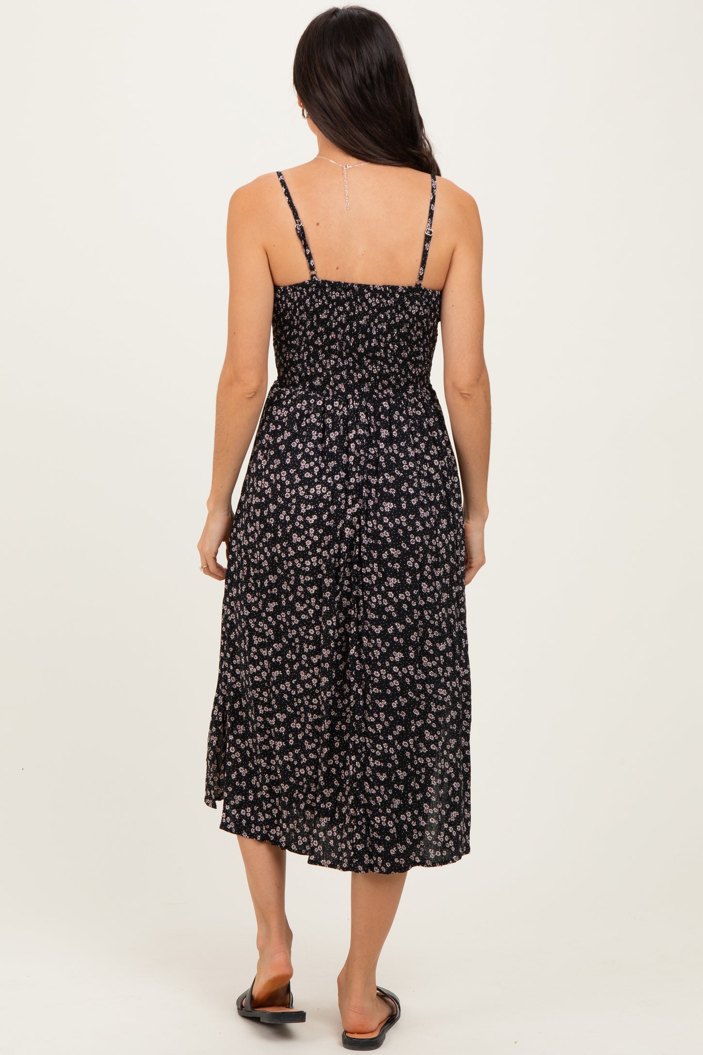 Black Floral Twisted Front Midi Dress