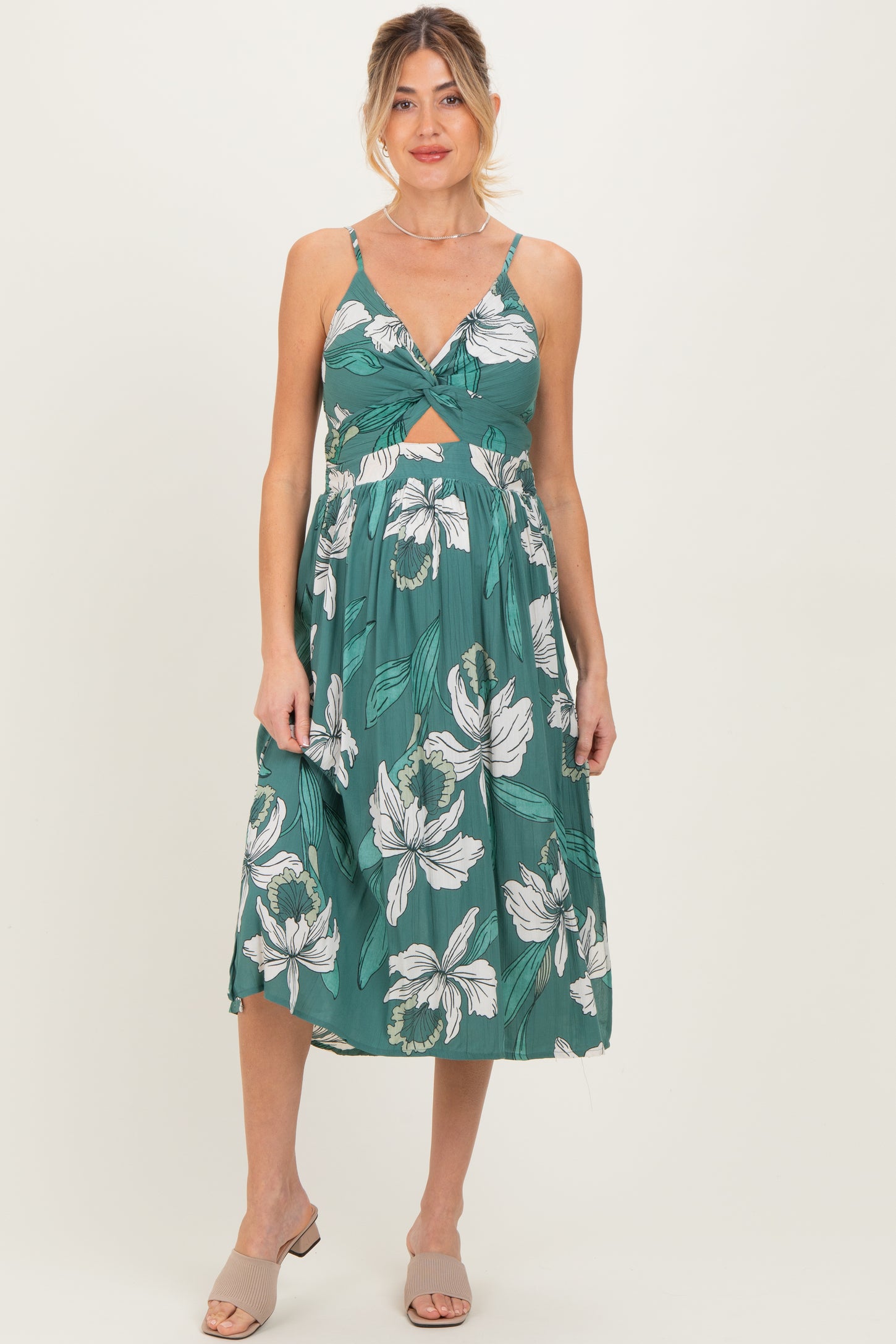 Jade Floral Twisted Front Cutout Maternity Midi Dress
