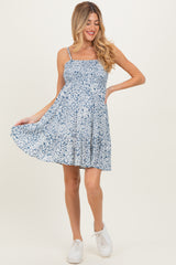 Blue Floral Smocked Sleeveless Maternity Mini Dress