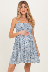 Blue Floral Smocked Sleeveless Maternity Mini Dress