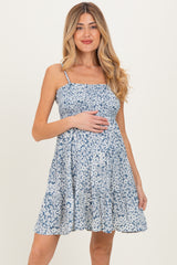 Blue Floral Smocked Sleeveless Maternity Mini Dress