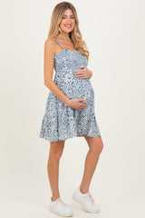 Blue Floral Smocked Sleeveless Maternity Mini Dress
