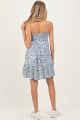 Blue Floral Smocked Sleeveless Maternity Mini Dress