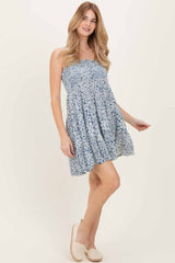 Blue Floral Smocked Sleeveless Maternity Mini Dress