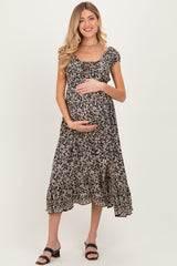 Black Floral Twisted Back Cutout Maternity Midi Dress