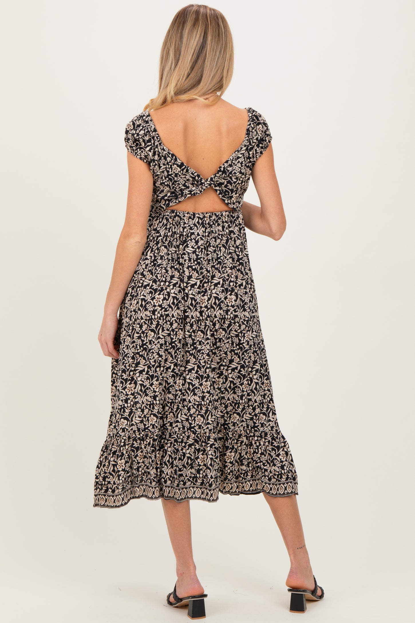 Black Floral Twisted Back Cutout Maternity Midi Dress