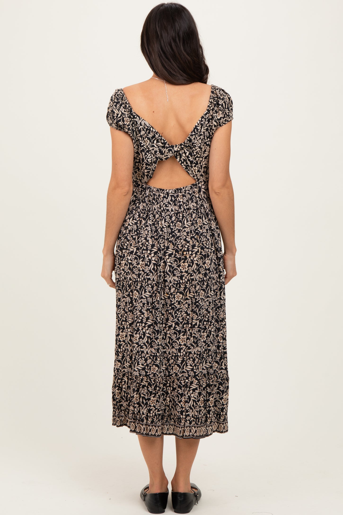 Black Floral Twisted Back Cutout Midi Dress