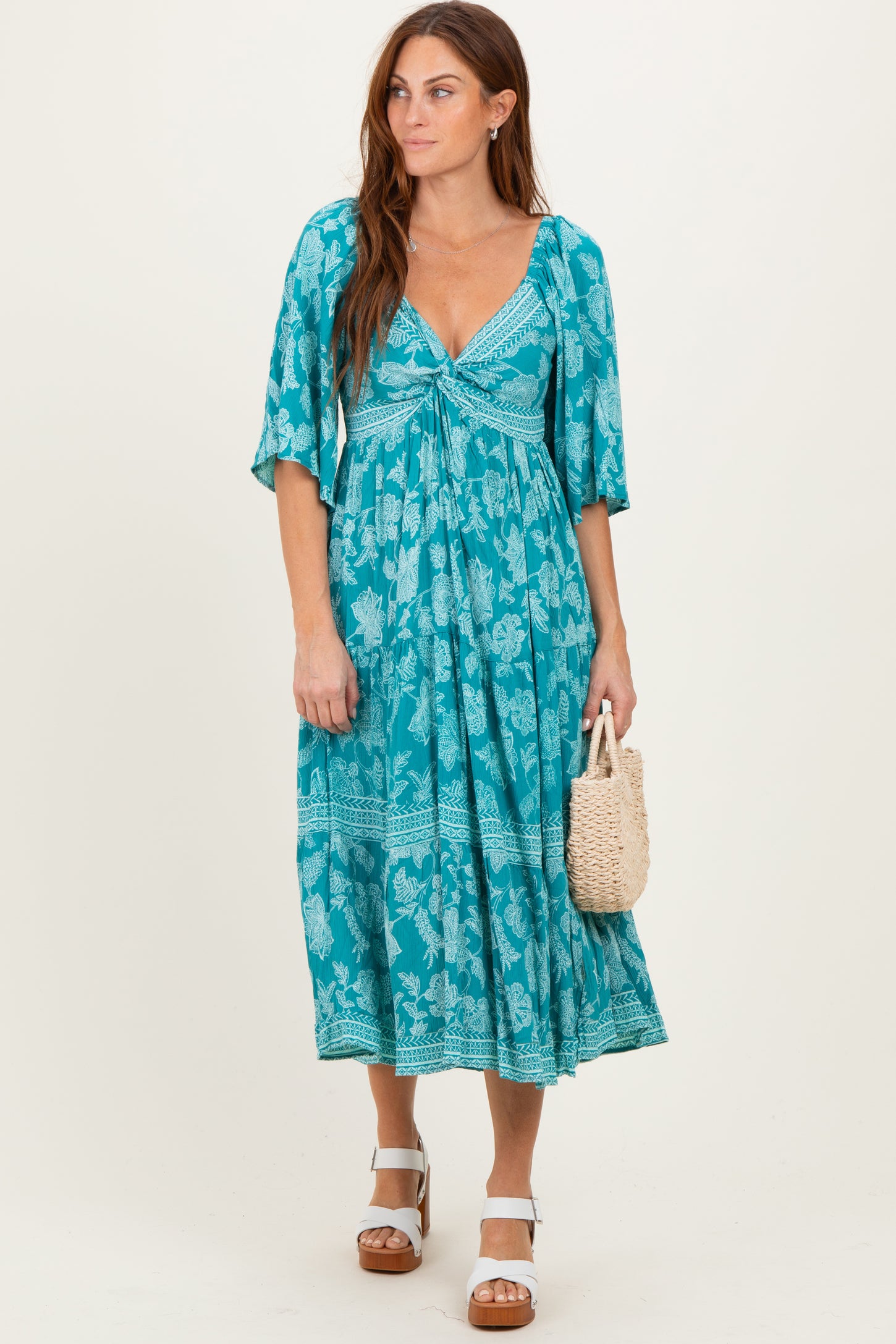 Turquoise Floral Twisted Front Flutter Sleeve Midi Dress