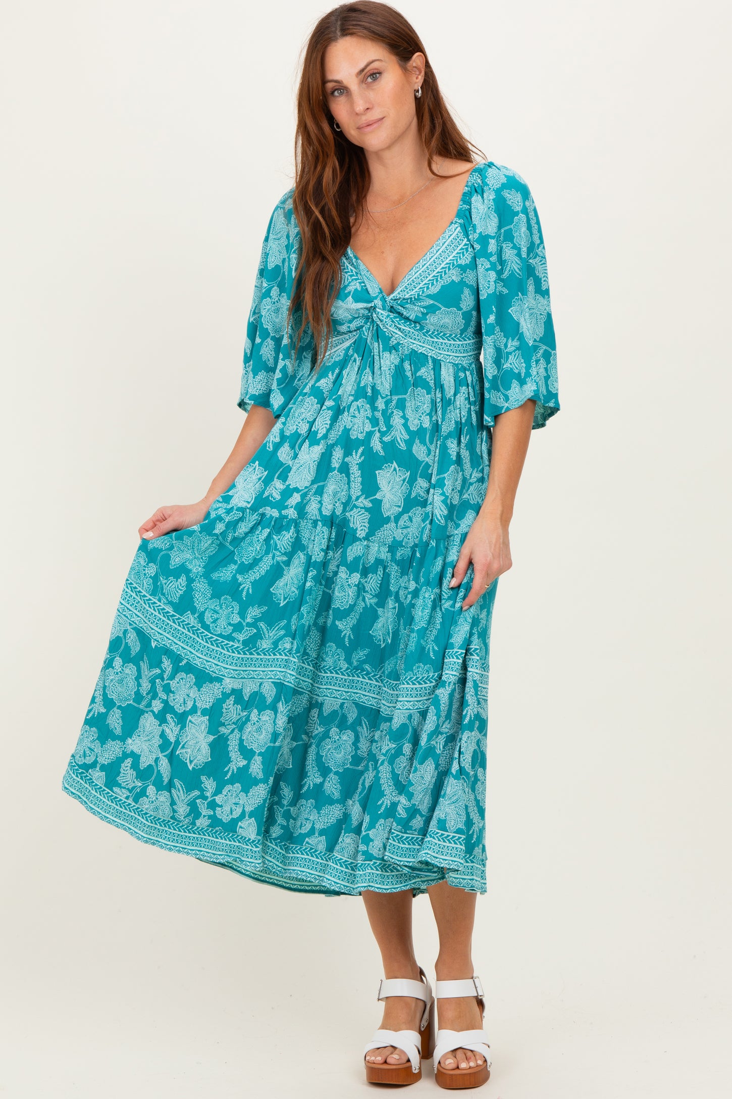 Turquoise Floral Twisted Front Flutter Sleeve Midi Dress