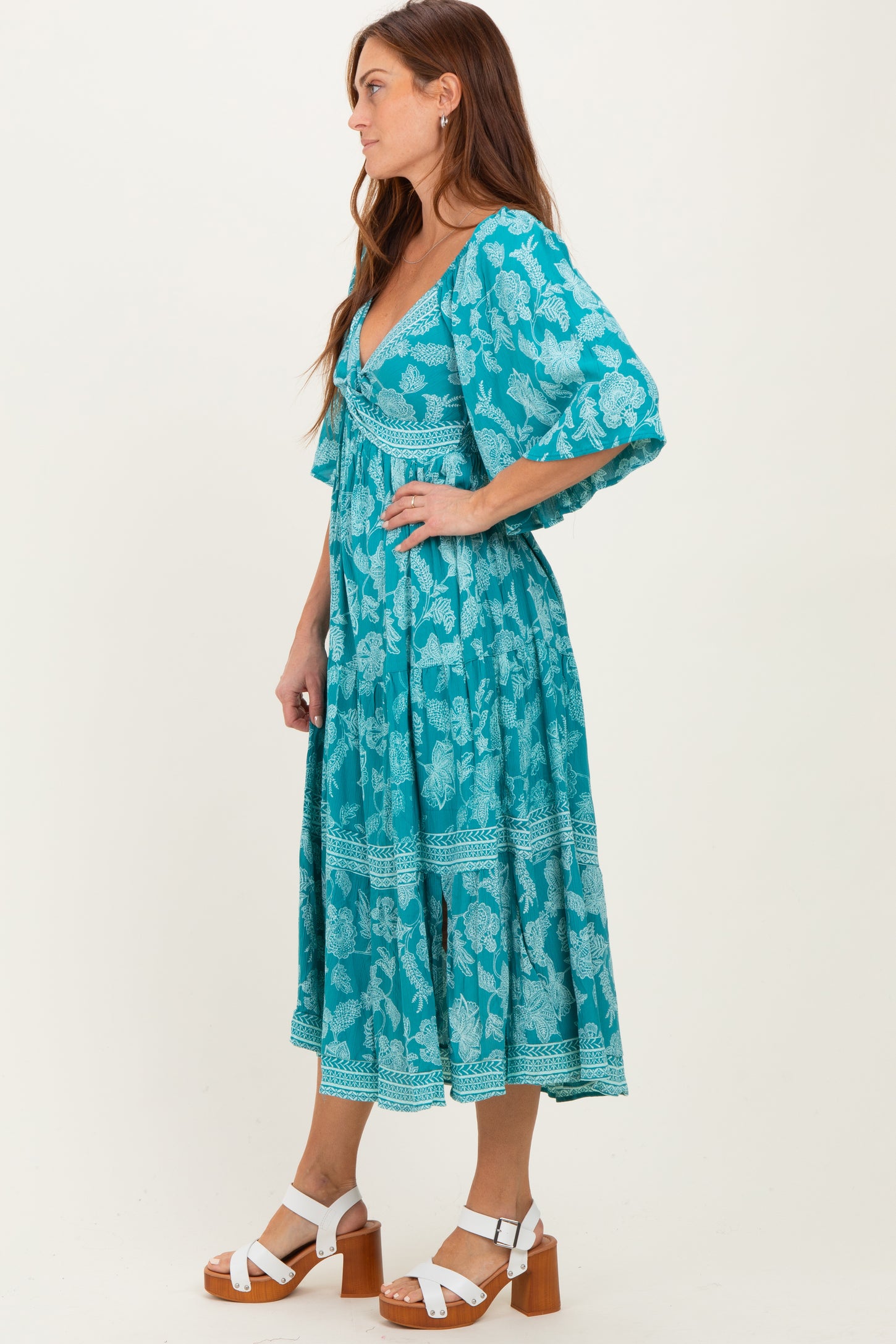 Turquoise Floral Twisted Front Flutter Sleeve Midi Dress