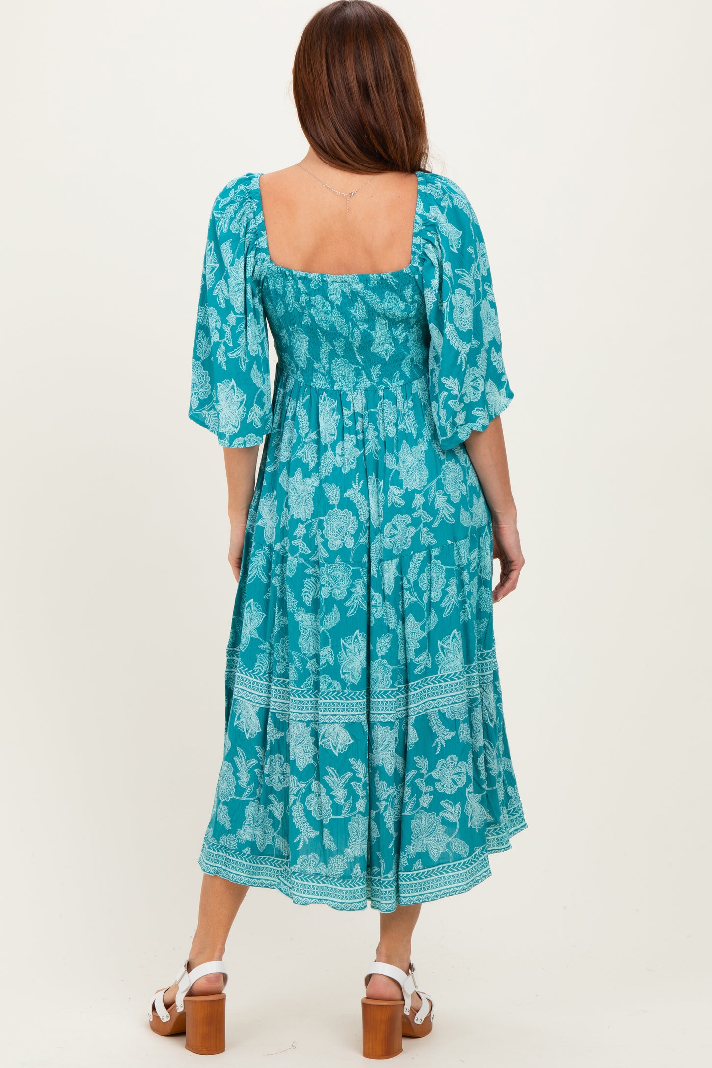 Turquoise Floral Twisted Front Flutter Sleeve Midi Dress