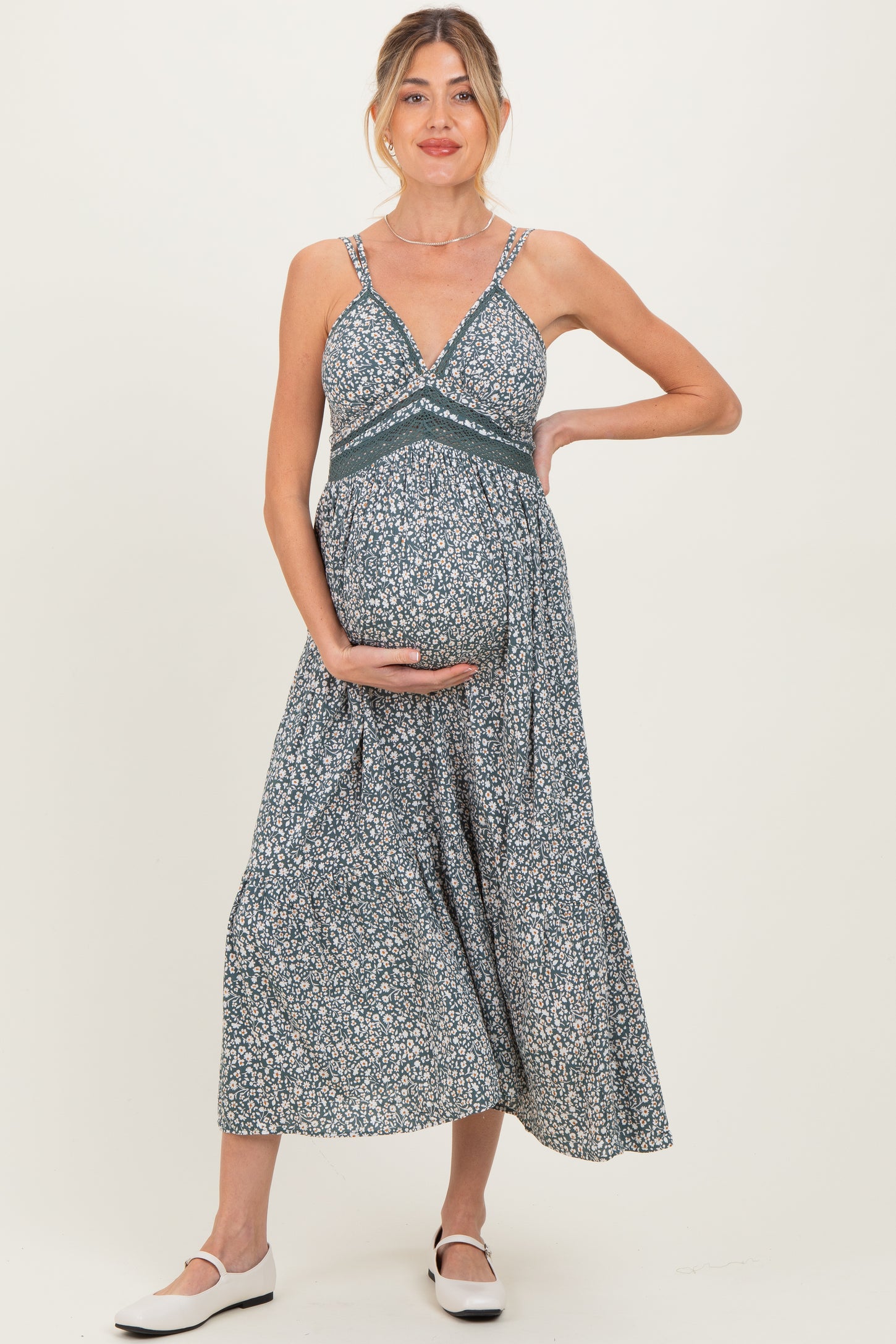 Olive Floral Lace Detail Strappy Maternity Maxi Dress