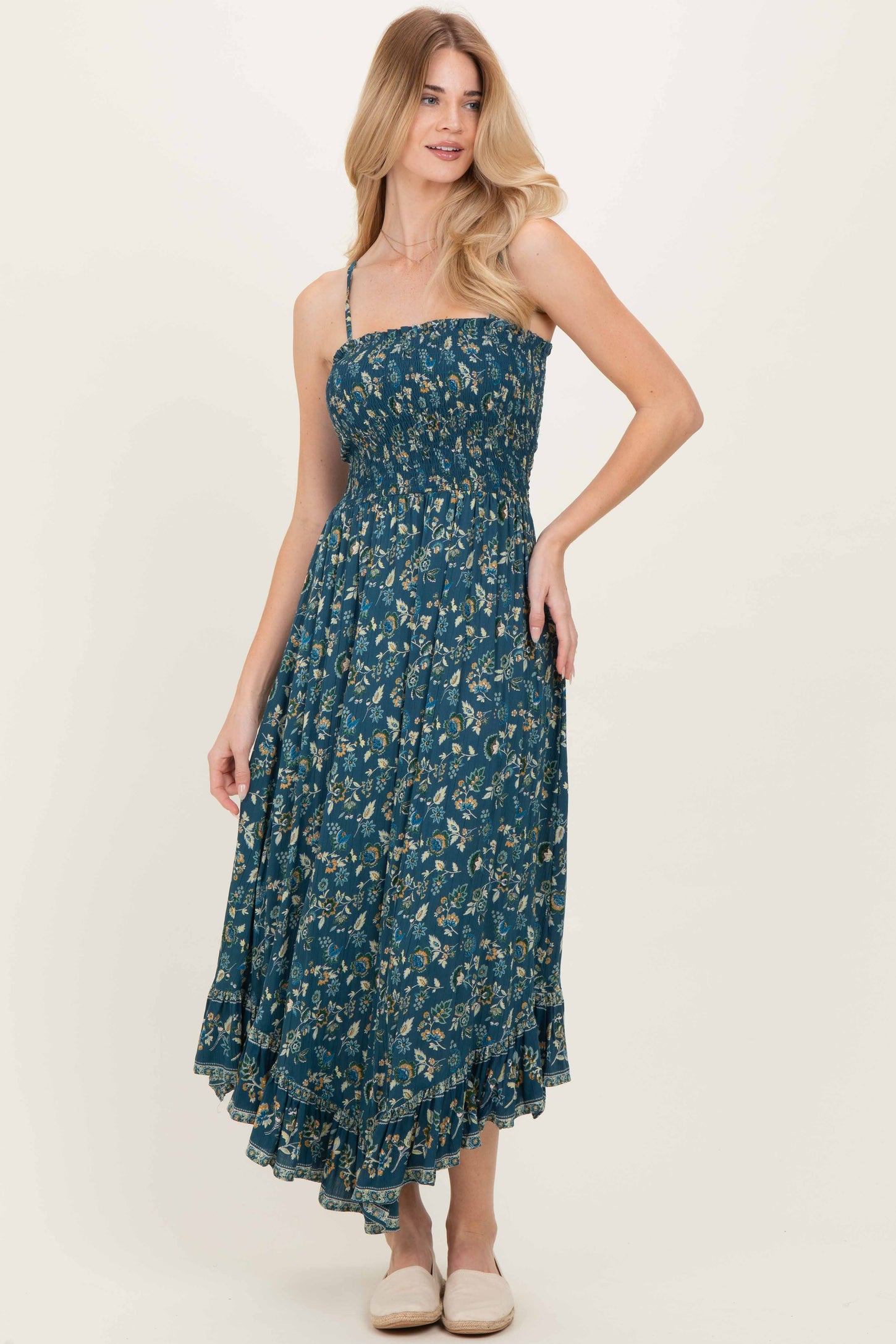 Deep Teal Floral Smocked Handkerchief Hem Maternity Dress