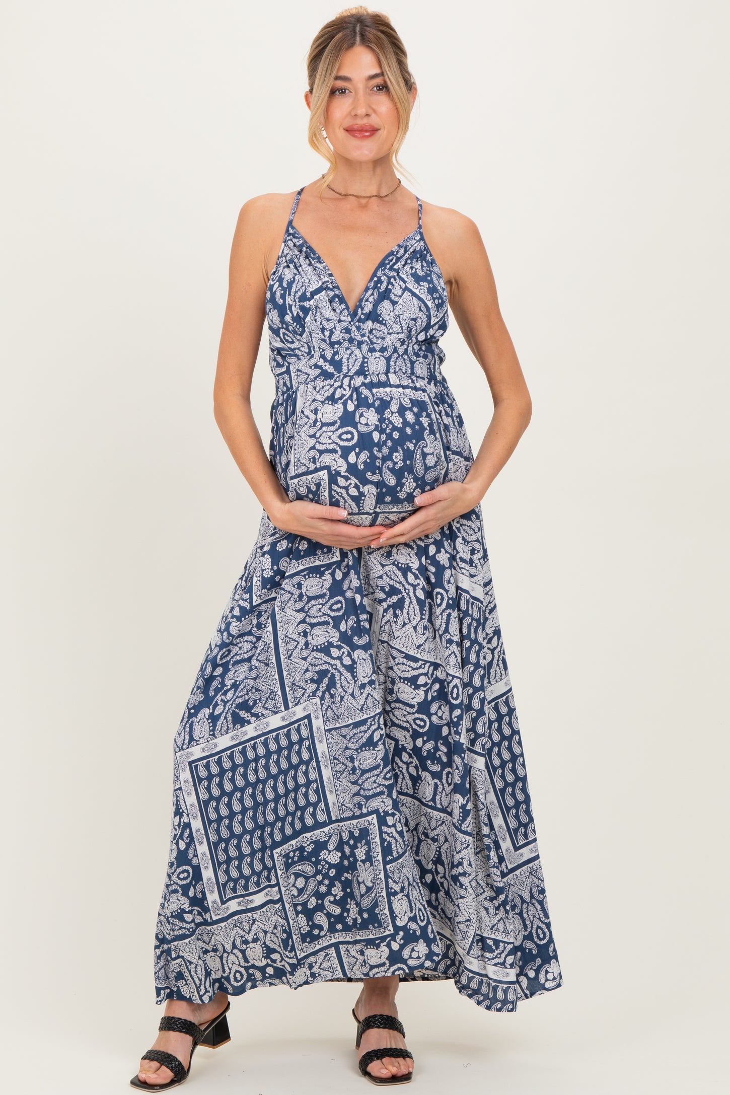 Navy Printed Crisscross Back Maternity Maxi Dress