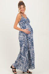 Navy Printed Crisscross Back Maternity Maxi Dress
