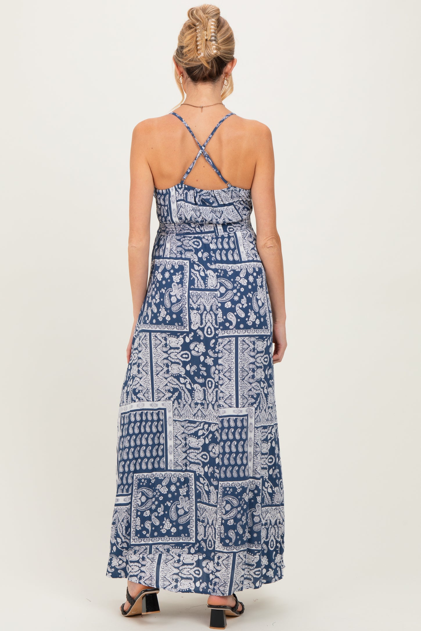 Navy Printed Crisscross Back Maternity Maxi Dress