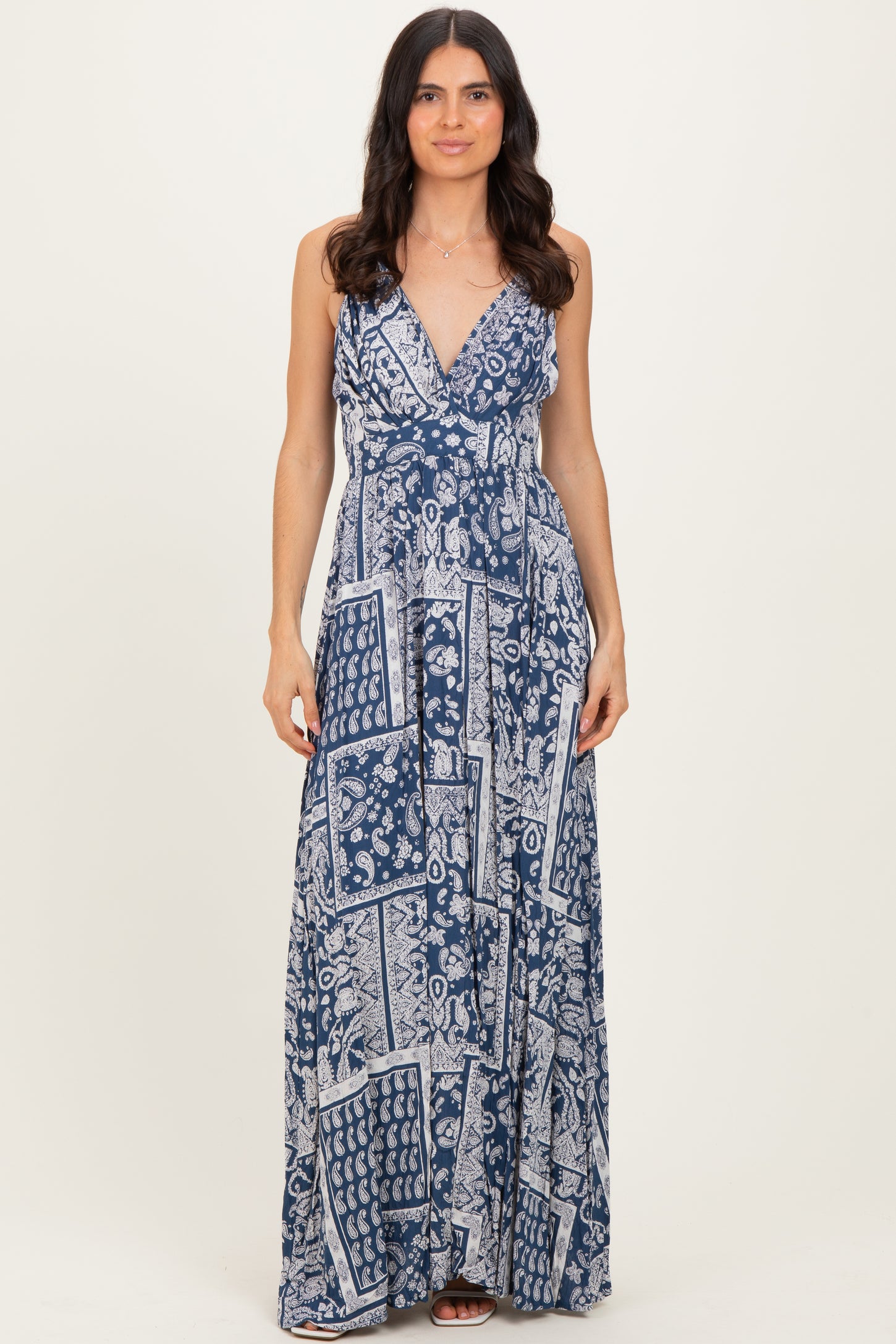 Navy Printed Crisscross Back Maternity Maxi Dress