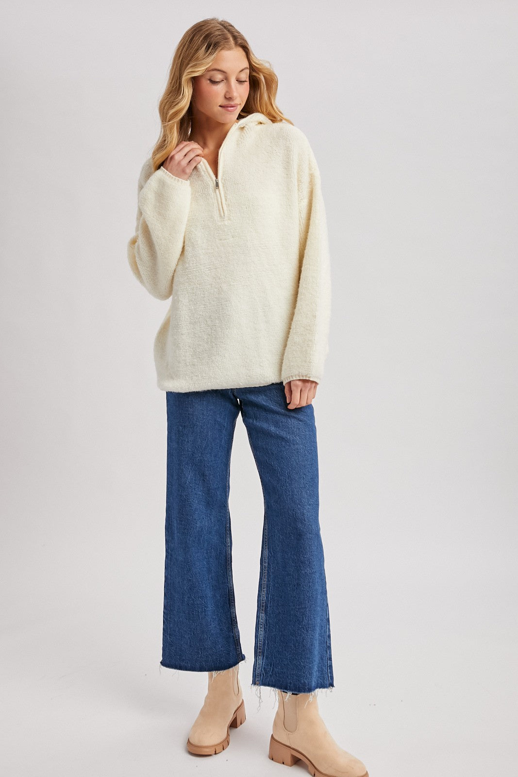 Cream Half Zip Hoodie Sweater
