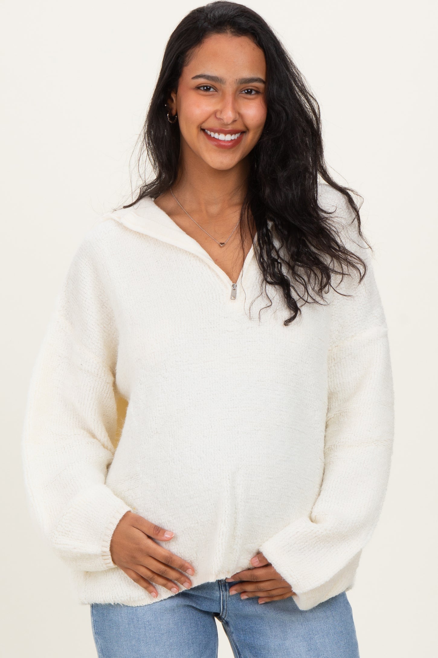 Cream Half Zip Hoodie Maternity Sweater