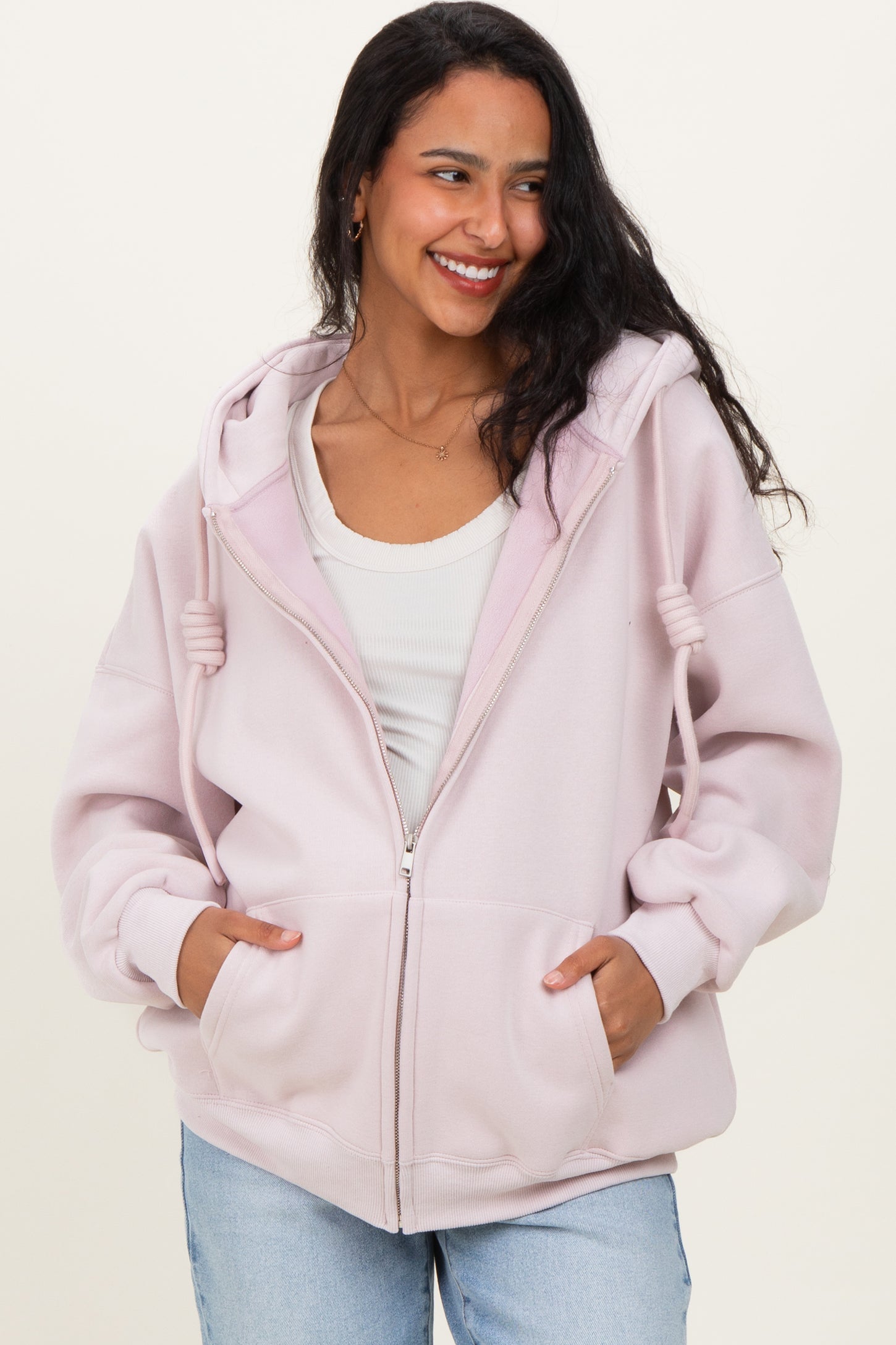 Light Pink Oversized Maternity Zip Up Hoodie