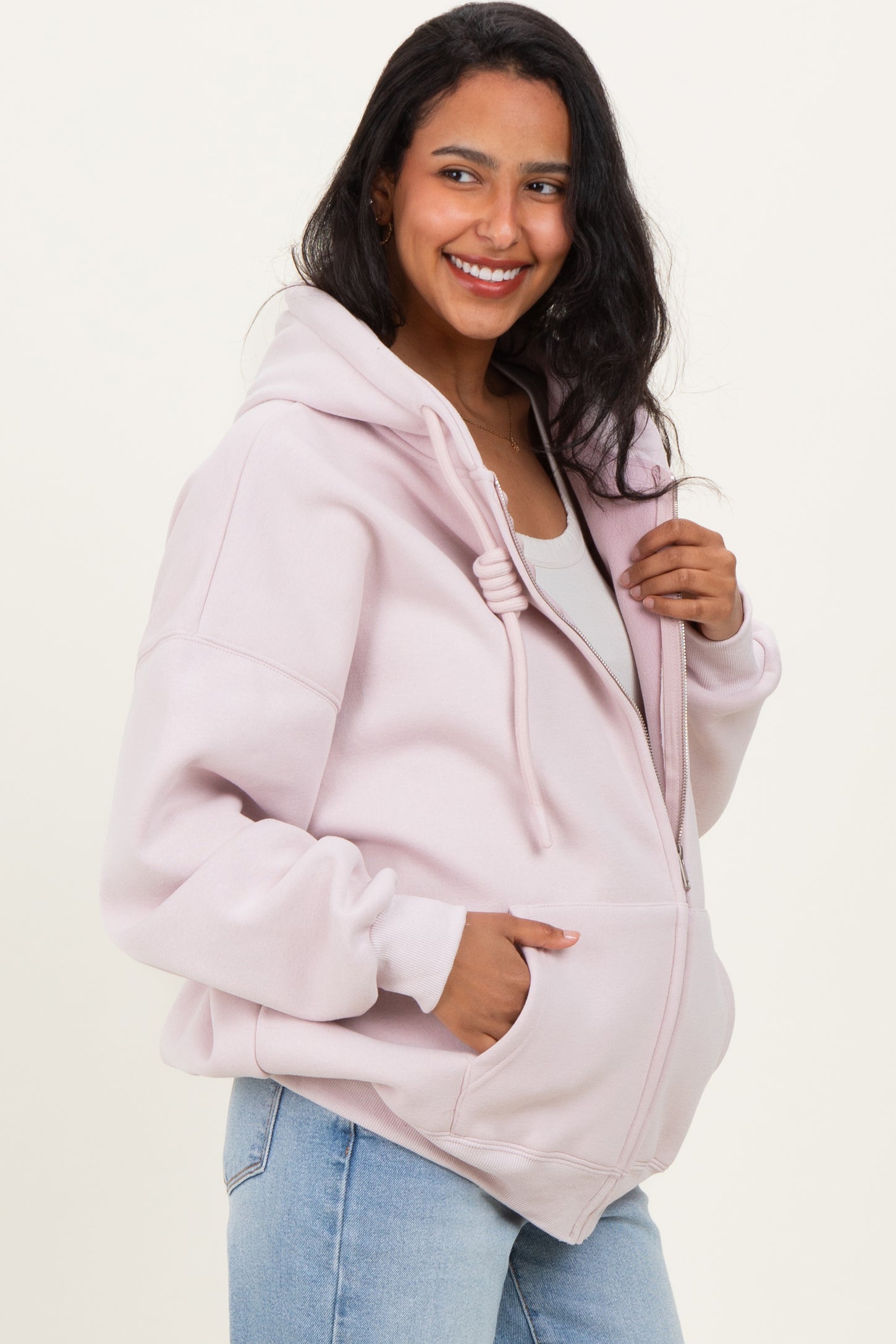 Light Pink Oversized Maternity Zip Up Hoodie