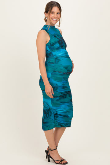 Turquoise Floral Mock Neck Ruched Maternity Midi Dress