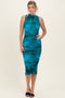 Turquoise Floral Mock Neck Ruched Midi Dress